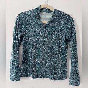 Talbots Teal Paisley Long Sleeve V-Neck Top